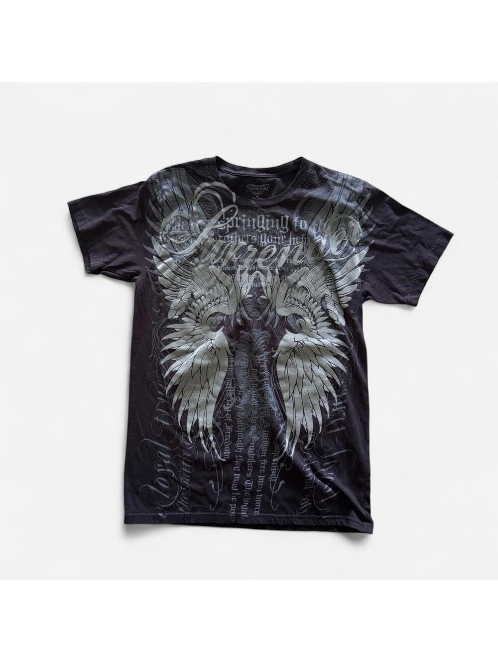 Y2K grunge black cotton t-shirt with gray angel wings graphic and text